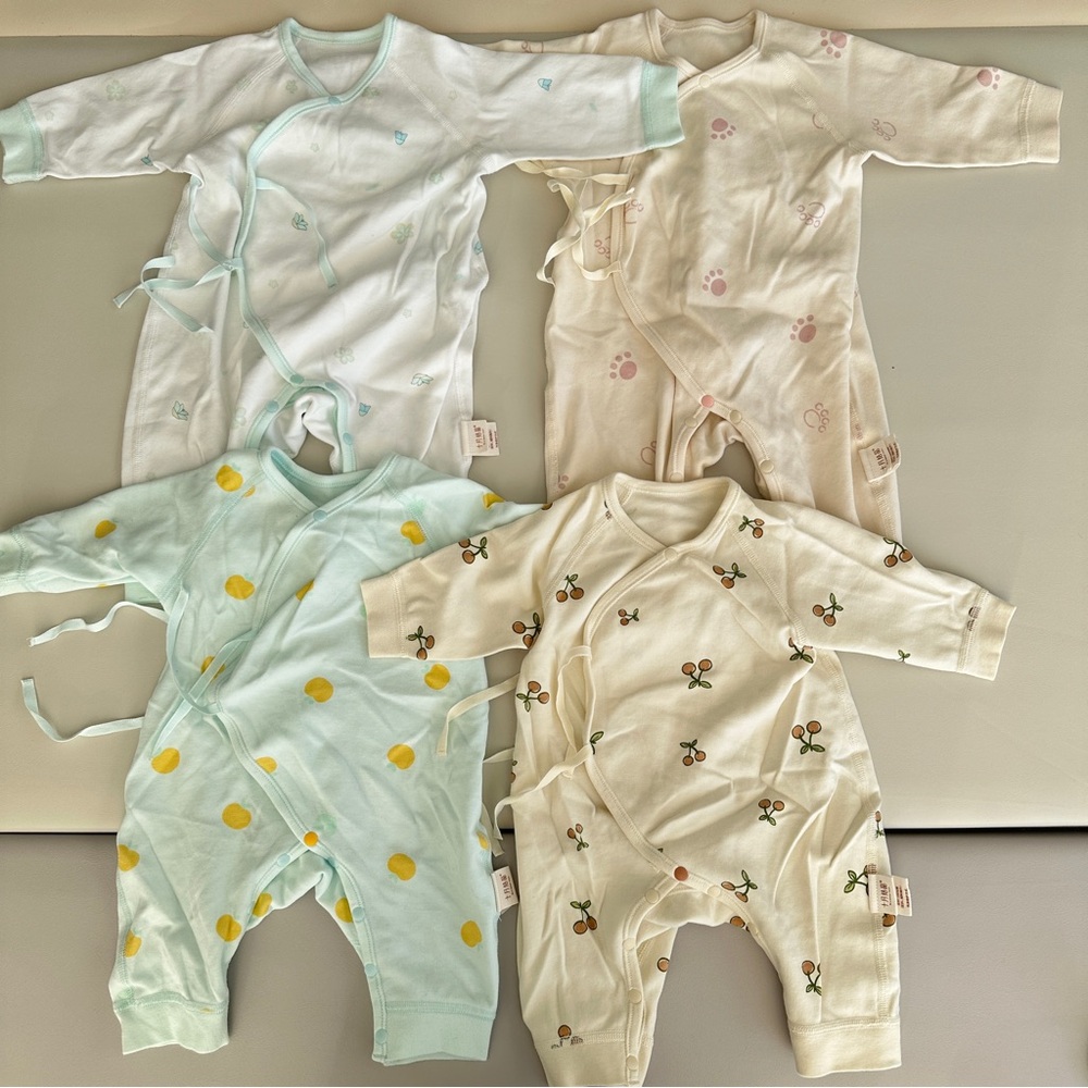 4 Baby Kimono Bodysuits 0-3 Months | Long Sleeve Side Tie Newborn Tops Bundle